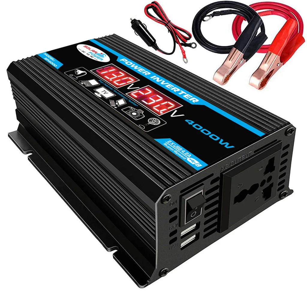 Black 4000W DC to AC power inverter with digital display, two USB ports, AC socket, and battery connection cables.