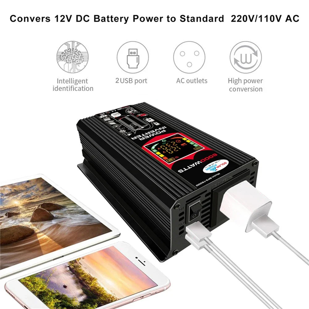 Black 6000W car power inverter with a digital display, dual USB ports, and AC plug sockets for charging devices.
