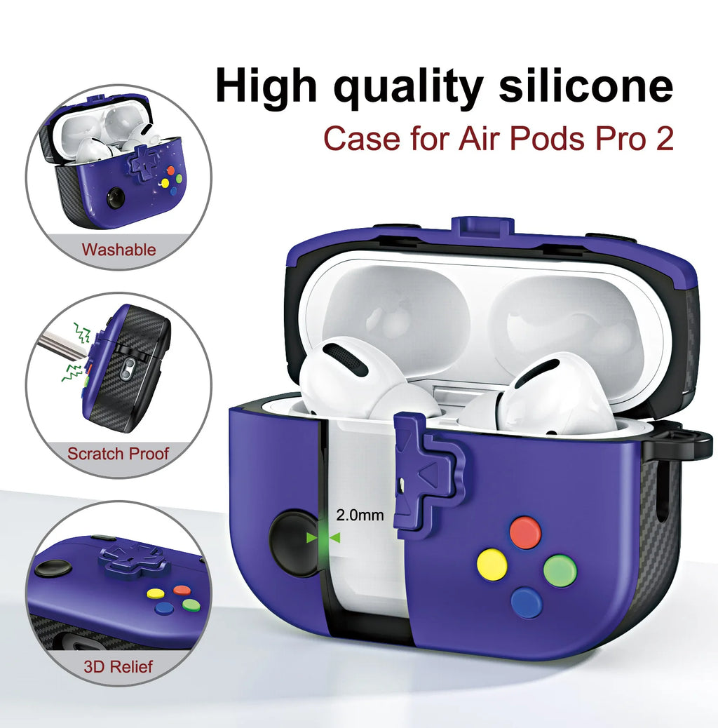 Purple silicone gaming controller case for AirPods Pro 2 with black carbon-fibre detailing.