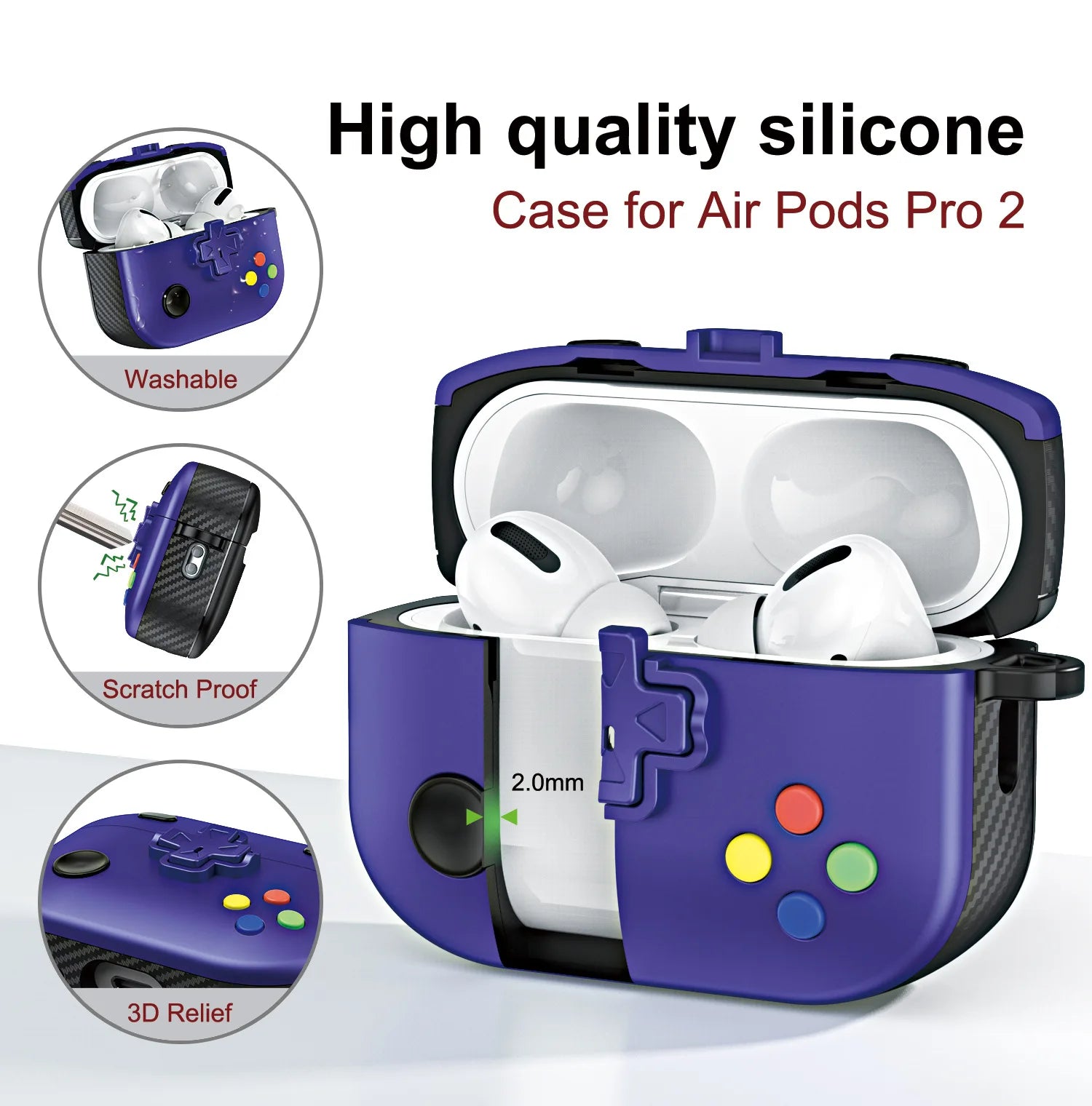 Purple silicone gaming controller case for AirPods Pro 2 with black carbon-fibre detailing.