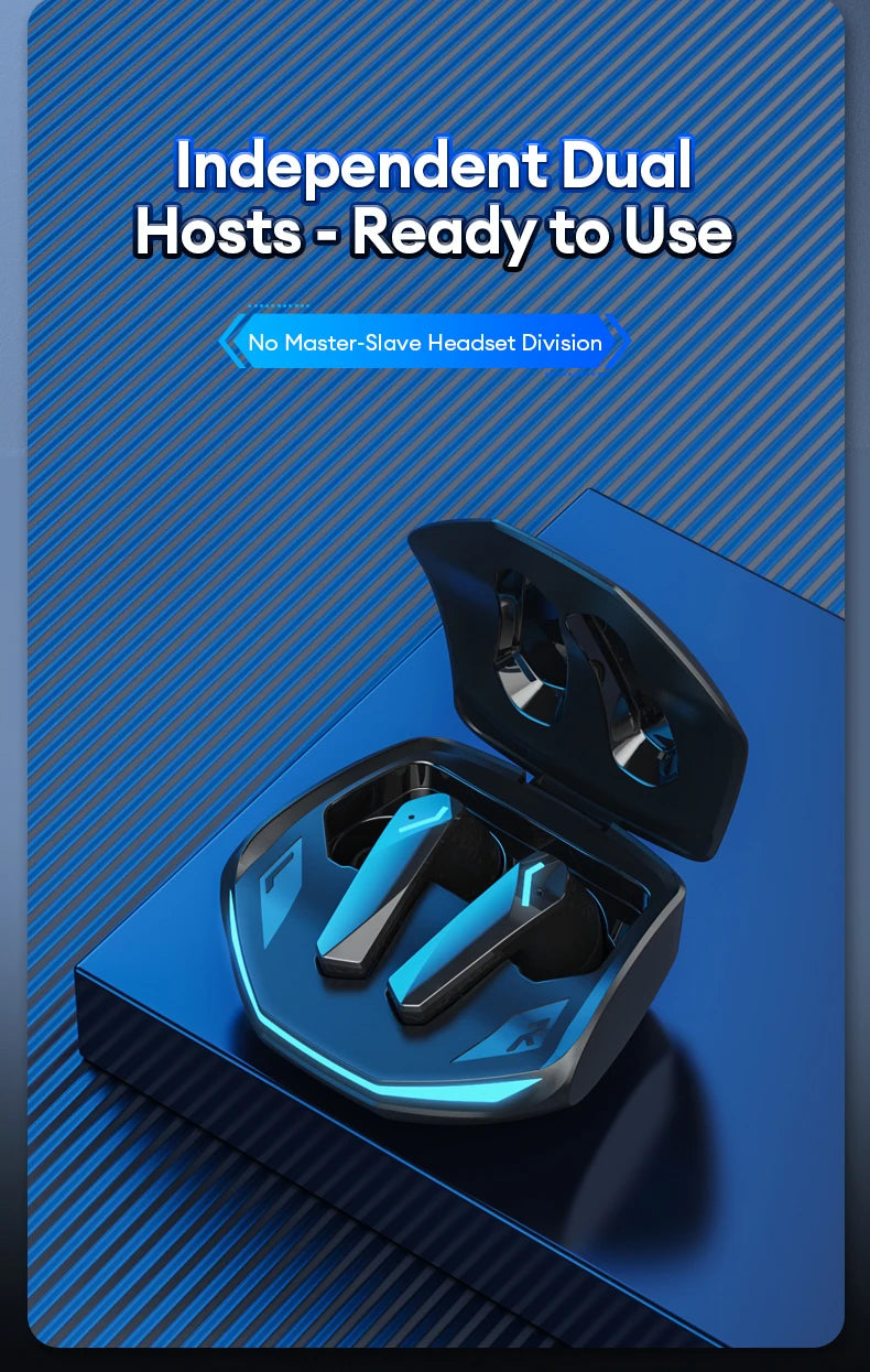 Black wireless gaming earbuds in a sleek, open charging case with blue LED lighting accents on a blue background.