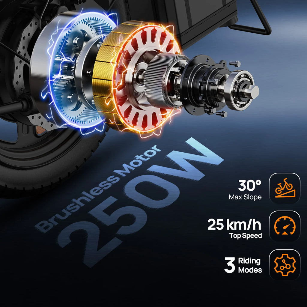 Cutaway diagram of a 250W electric bike brushless motor with blue and gold gears and electric effects.