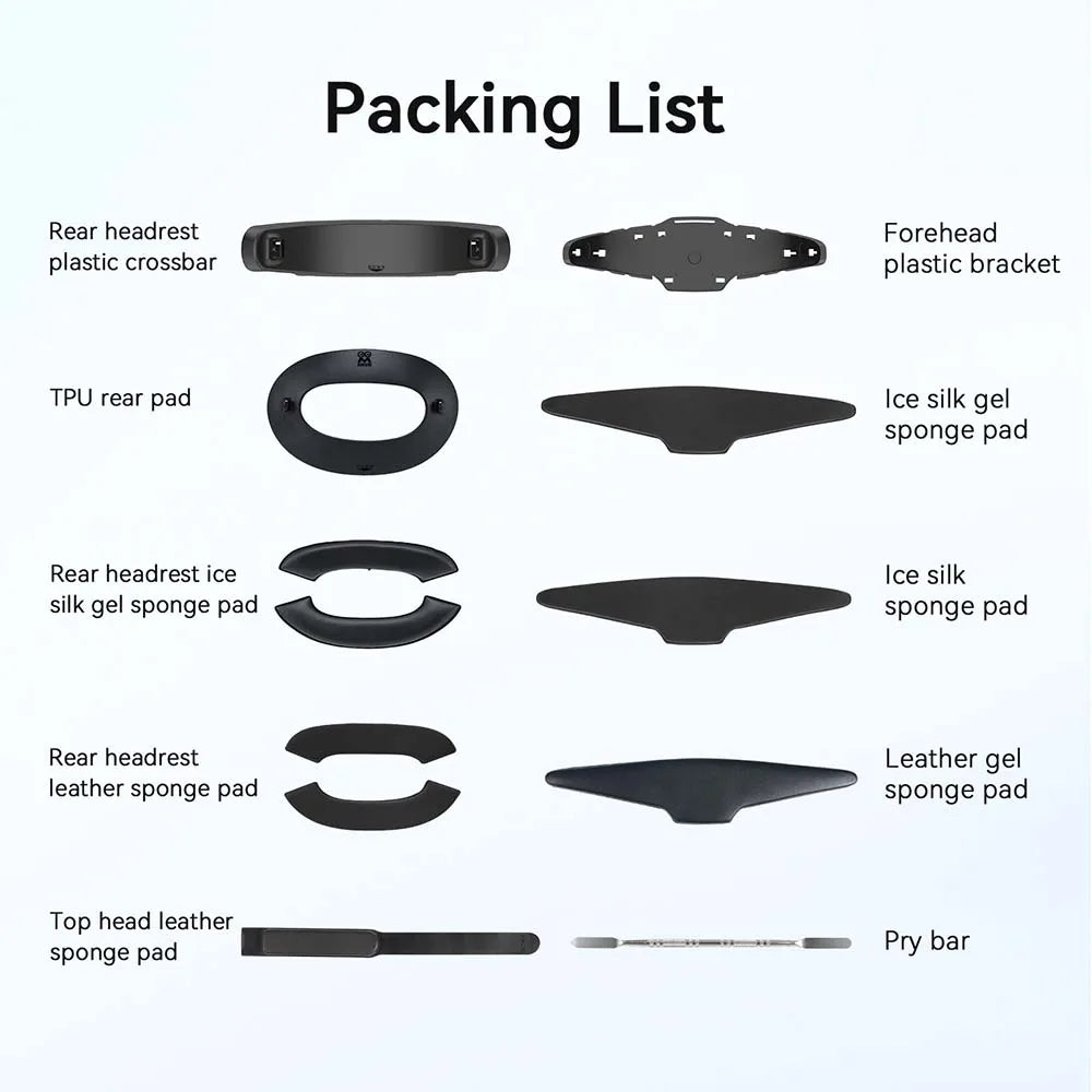 AMVR comfort kit parts in black including plastic brackets, TPU pads, gel sponge pads, and a pry bar.