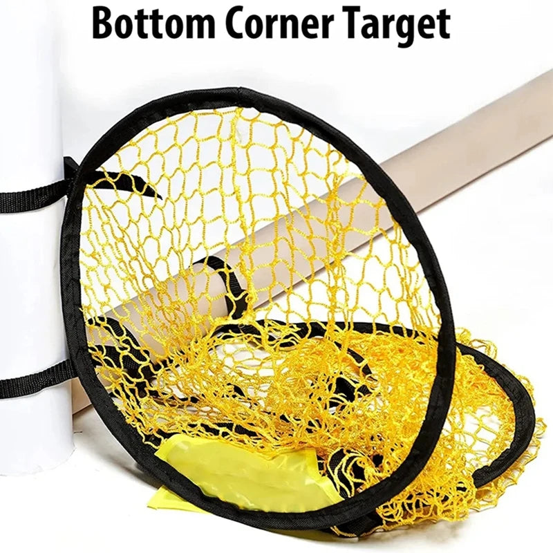Yellow circular football goal target net with a black rim, designed to attach to a post for shooting practice.
