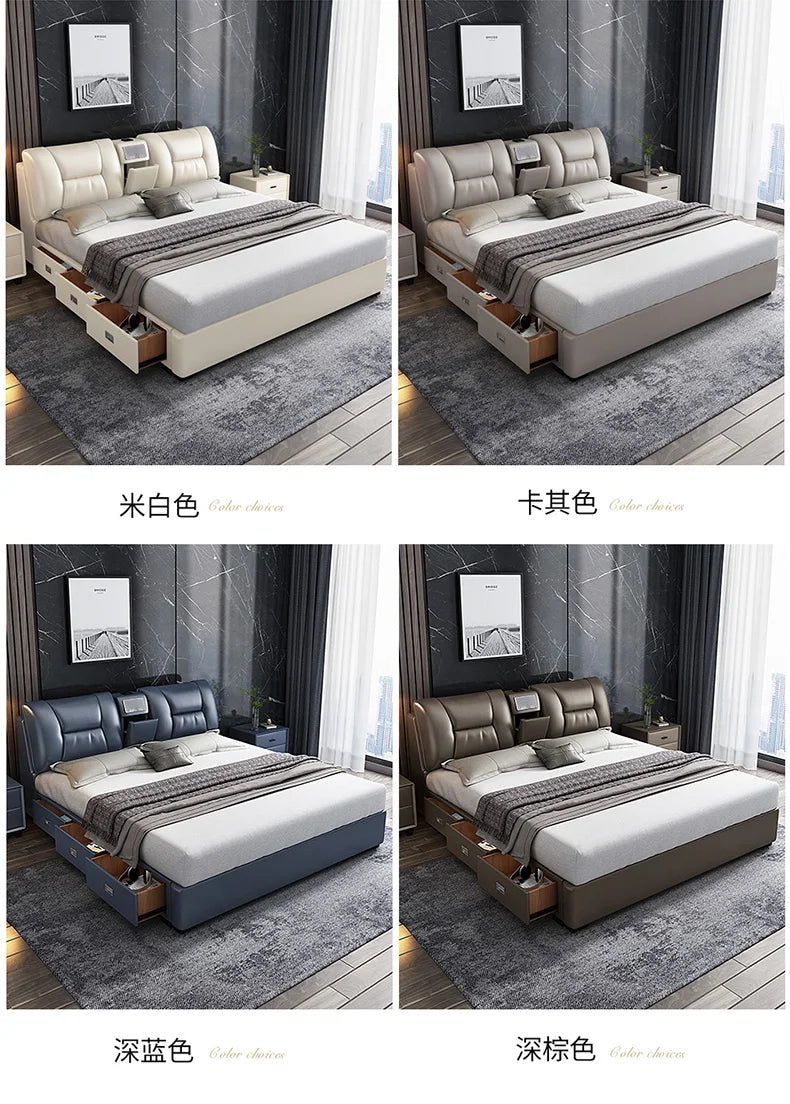 Minimalist king-size upholstered bed frame with storage drawers and integrated headboard shelving, shown in four colours.