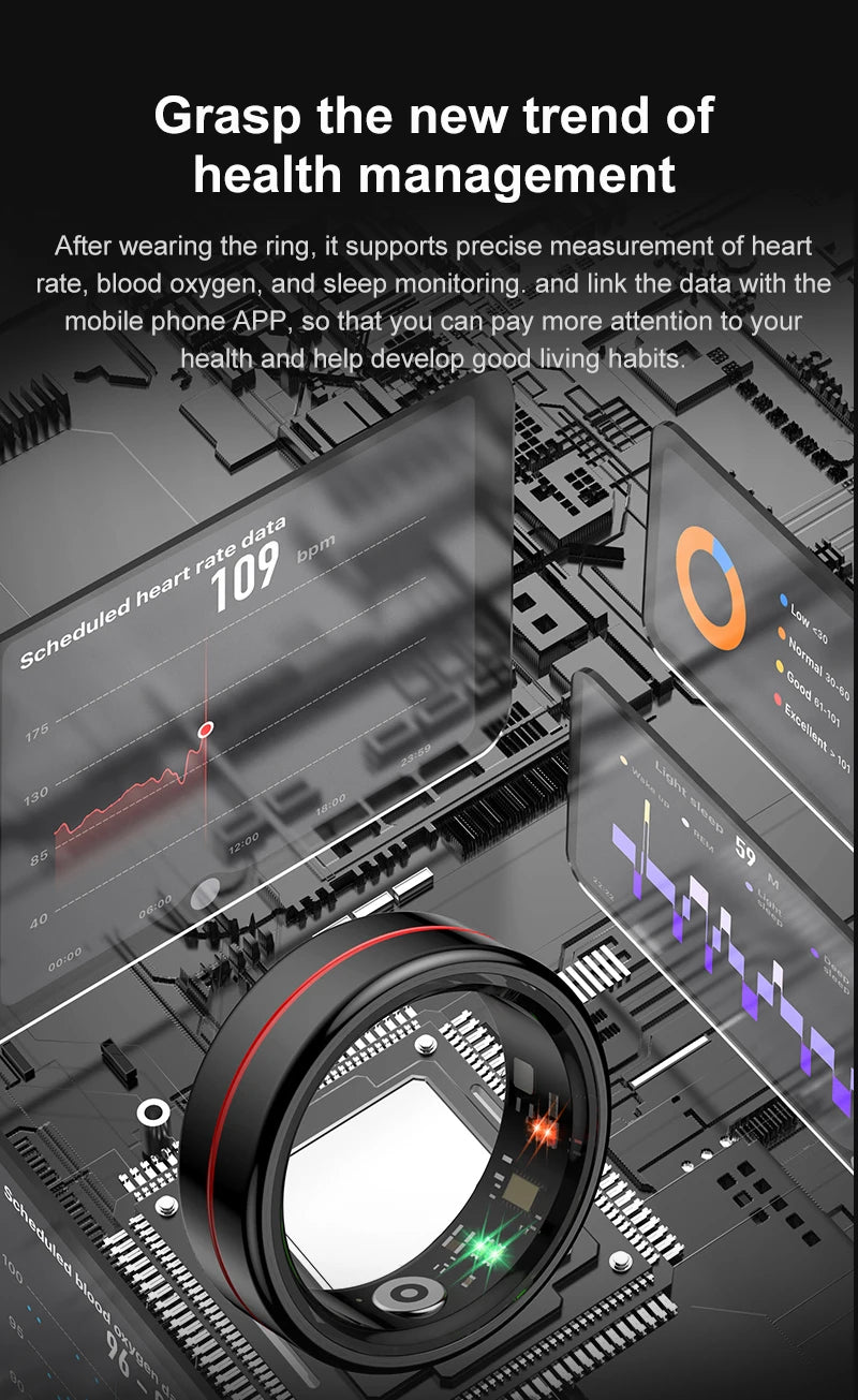 Sleek black smart fitness ring with red trim, displaying health data metrics like heart rate and sleep patterns.