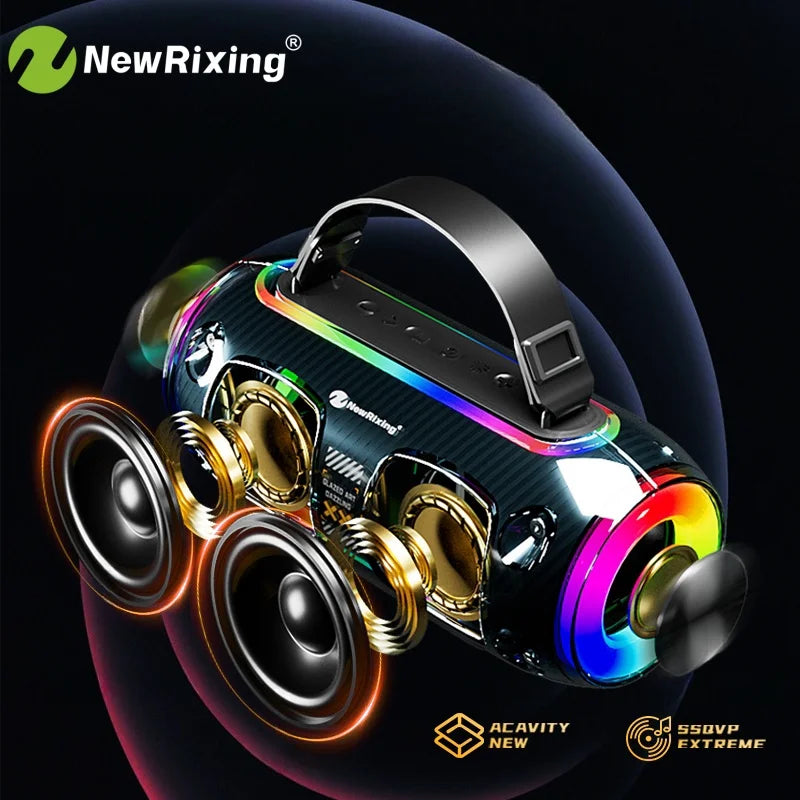 Portable black wireless karaoke speaker with internal gold speaker components, RGB LED ring lights, and a carry handle.