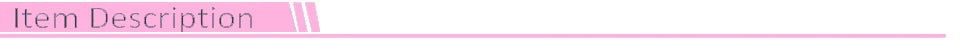 Pink banner with the words Item Description in purple text and white diagonal lines on the left.