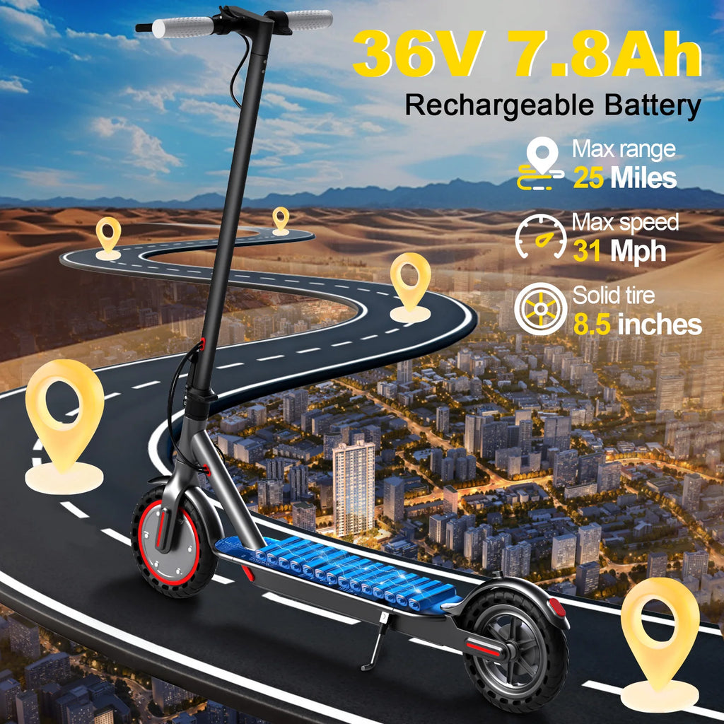 Black AOVOPRO adult electric scooter with 8.5-inch solid tires, folding frame, and exposed battery graphic.