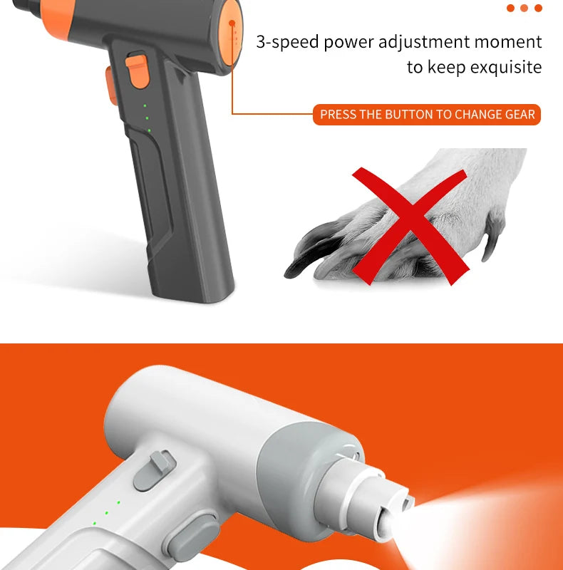 Grey and white electric pet nail grinder with a sleek, ergonomic handle, LED light, and adjustable speed controls.