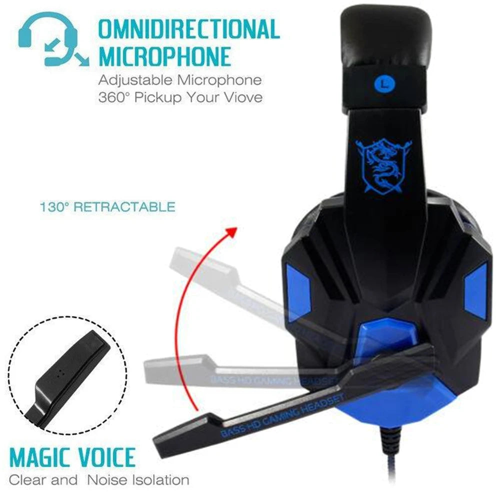 Black and blue wired gaming headset featuring a 130-degree retractable, omnidirectional adjustable microphone.