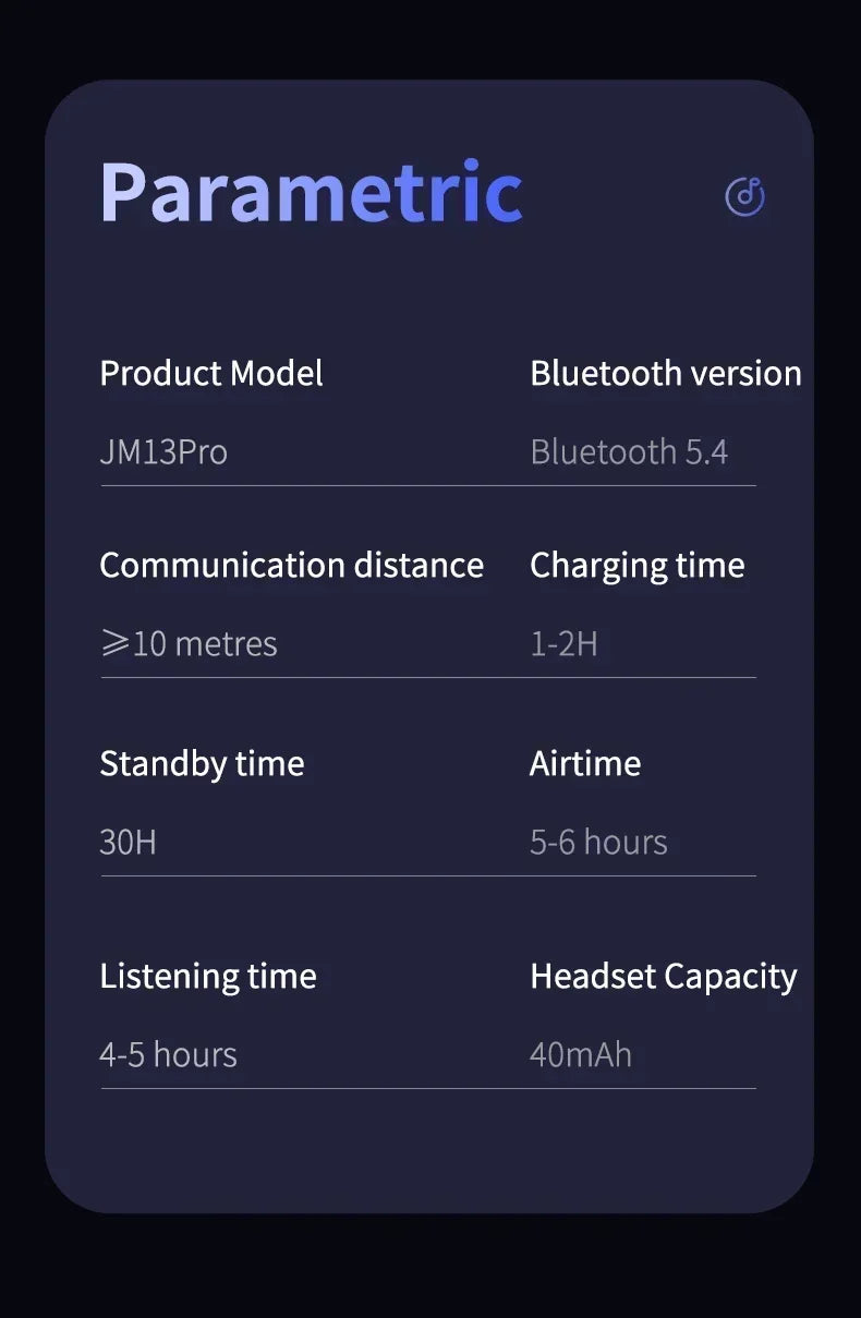 A dark-themed infographic showing technical specifications for wireless earbuds in a modern, minimalist card layout.