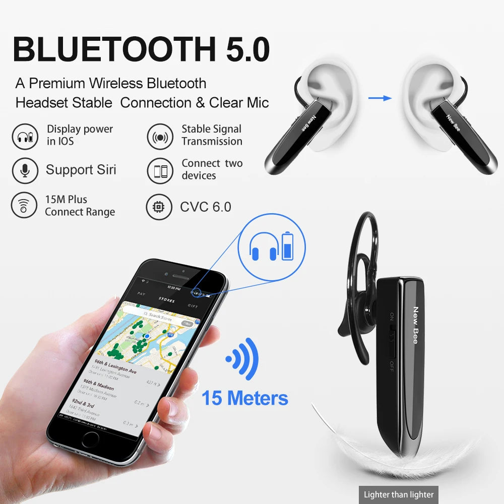 Sleek black wireless business headset with ear hook, shown with connectivity features and 15-metre range.