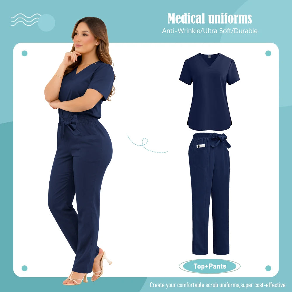Model wearing a navy V-neck scrub top and drawstring trousers with pockets. Professional nursing workwear set.