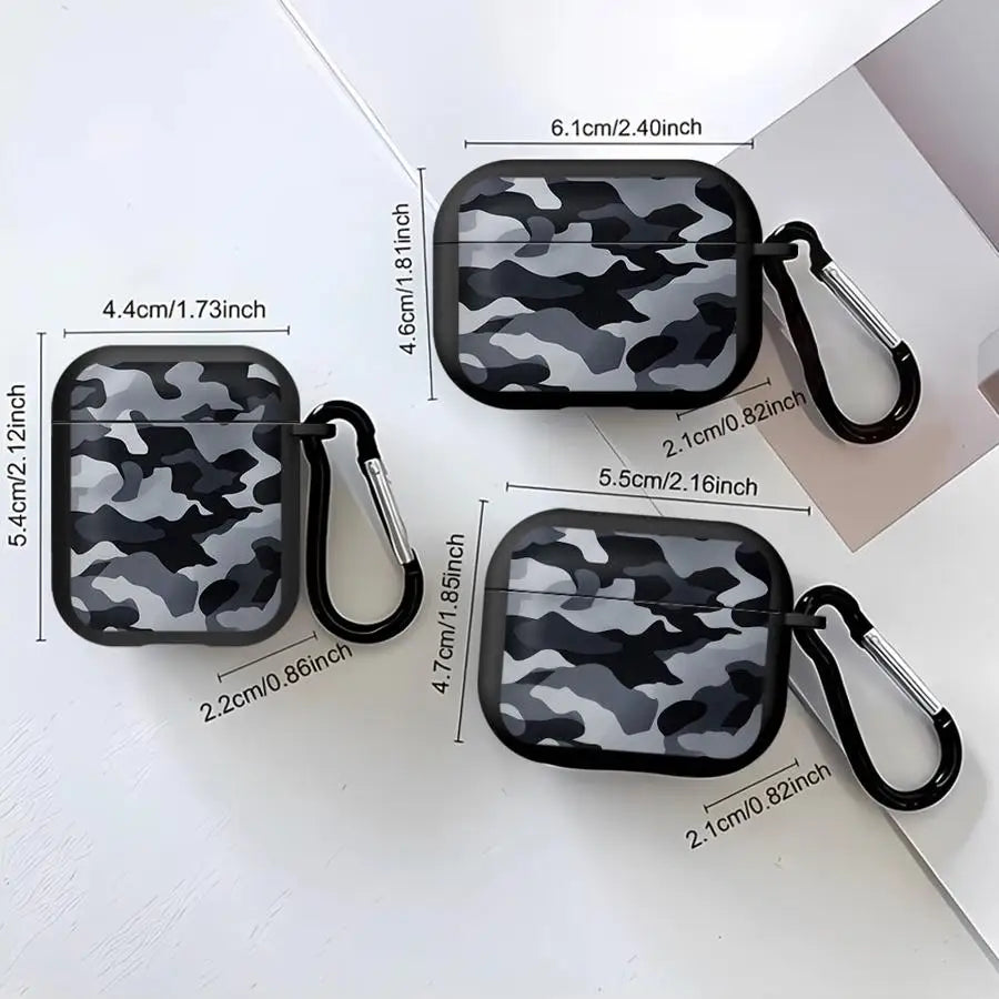 Grey camouflage silicone protective cases for AirPods, featuring a black carabiner clip. Includes dimension details.