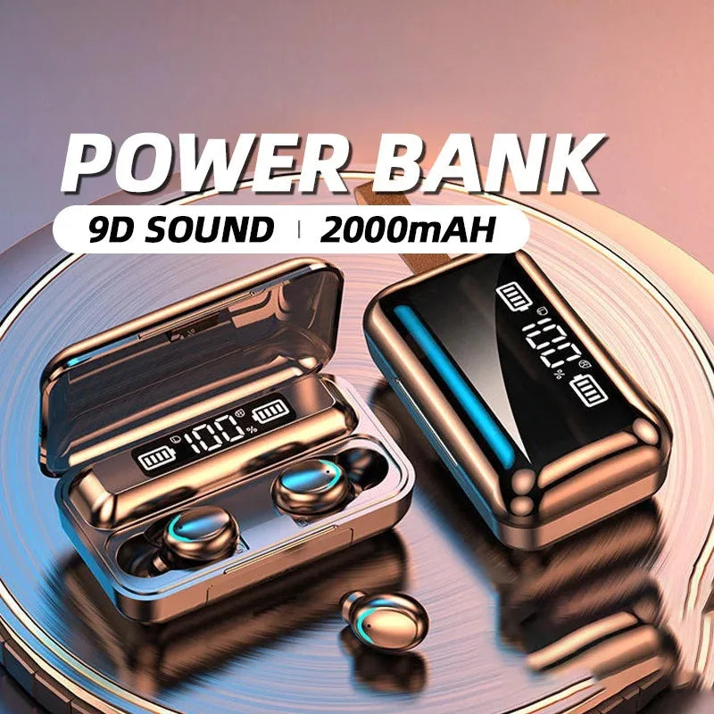 Rose gold wireless earbuds and charging case with digital battery display on a reflective surface.