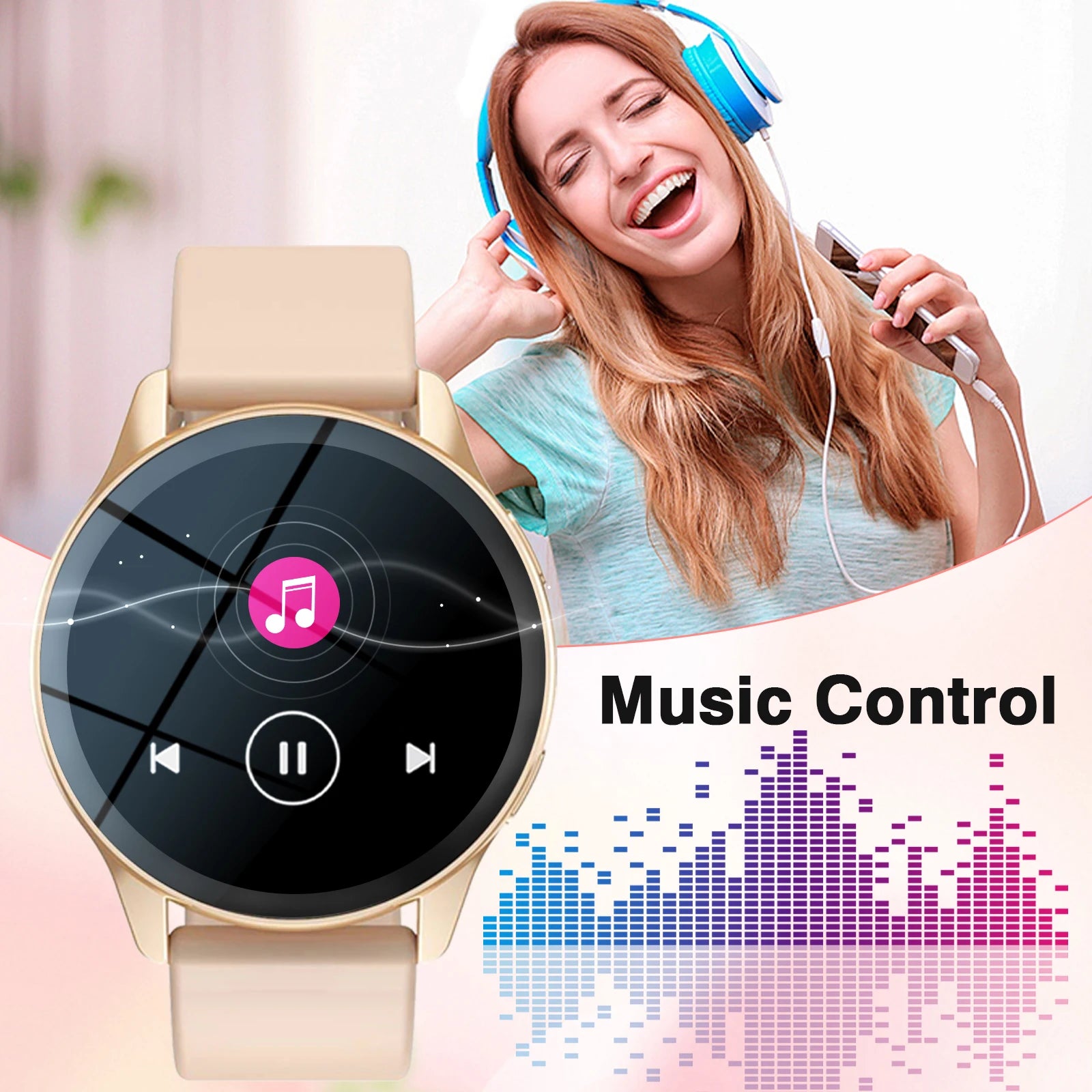 Gold-tone multi-sport smartwatch with a beige strap, featuring a touchscreen interface for wireless music control.
