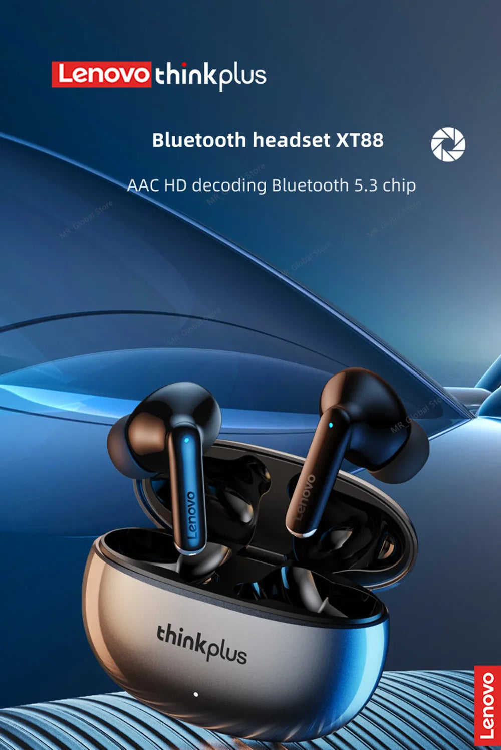 Black wireless earbuds with glowing blue accents in a sleek, metallic silver and black charging case.