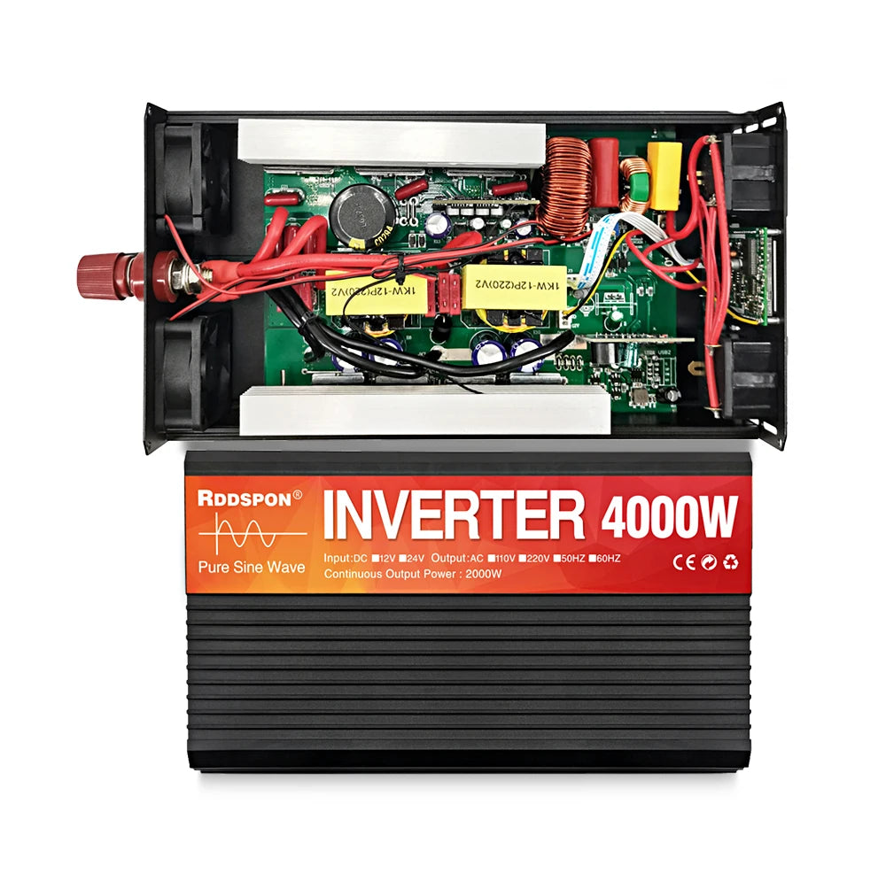 Black 4000W pure sine wave power inverter showing internal circuitry, cooling fans, and wiring in a ribbed casing.