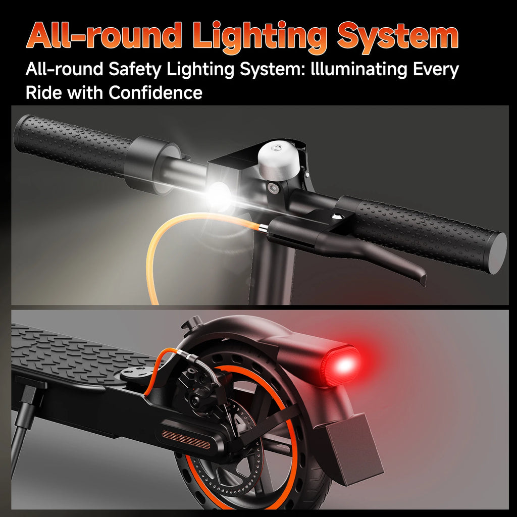 Black electric scooter handlebars with a bright headlight, bell, and a rear wheel with a glowing red taillight.