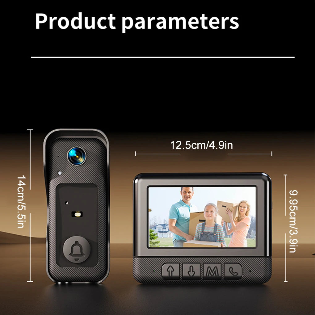 Wireless video doorbell with night vision, featuring a 4.3-inch screen, camera unit, and clearly labelled dimensions.