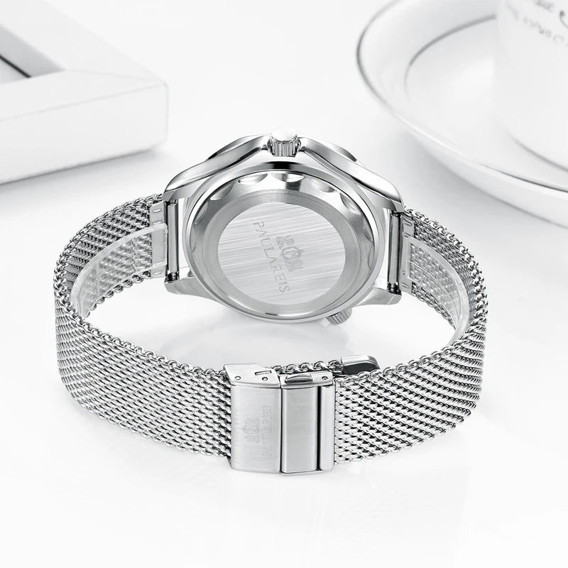 Back view of a classic silver-tone men's mechanical watch featuring a polished casing and a stainless steel mesh strap.