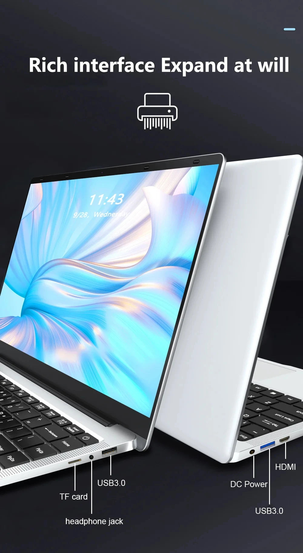 Slim, silver 14.1-inch laptop showing multiple side ports including USB 3.0, HDMI, and headphone jack.