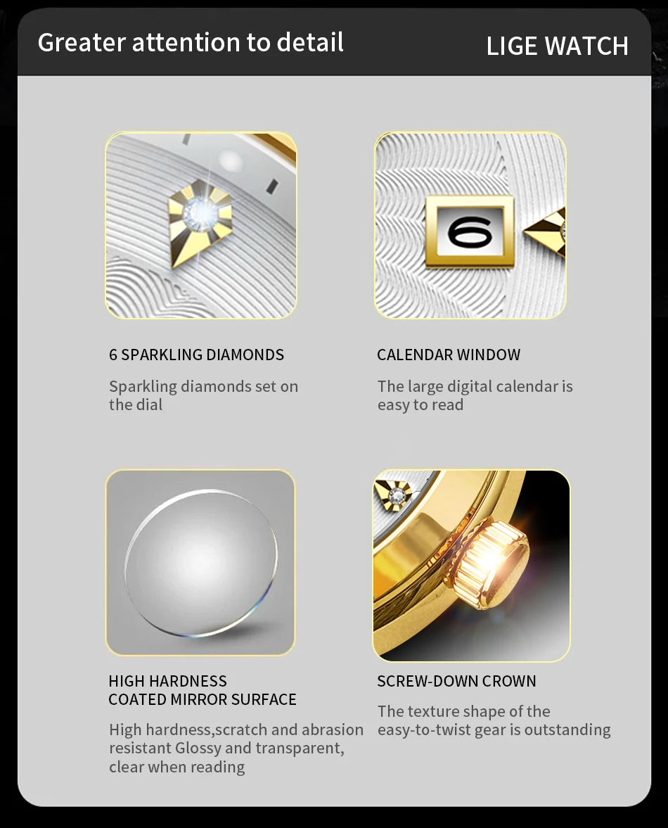 Gold watch features: diamond accents, a calendar date window, scratch-resistant glass, and an easy-grip textured crown.