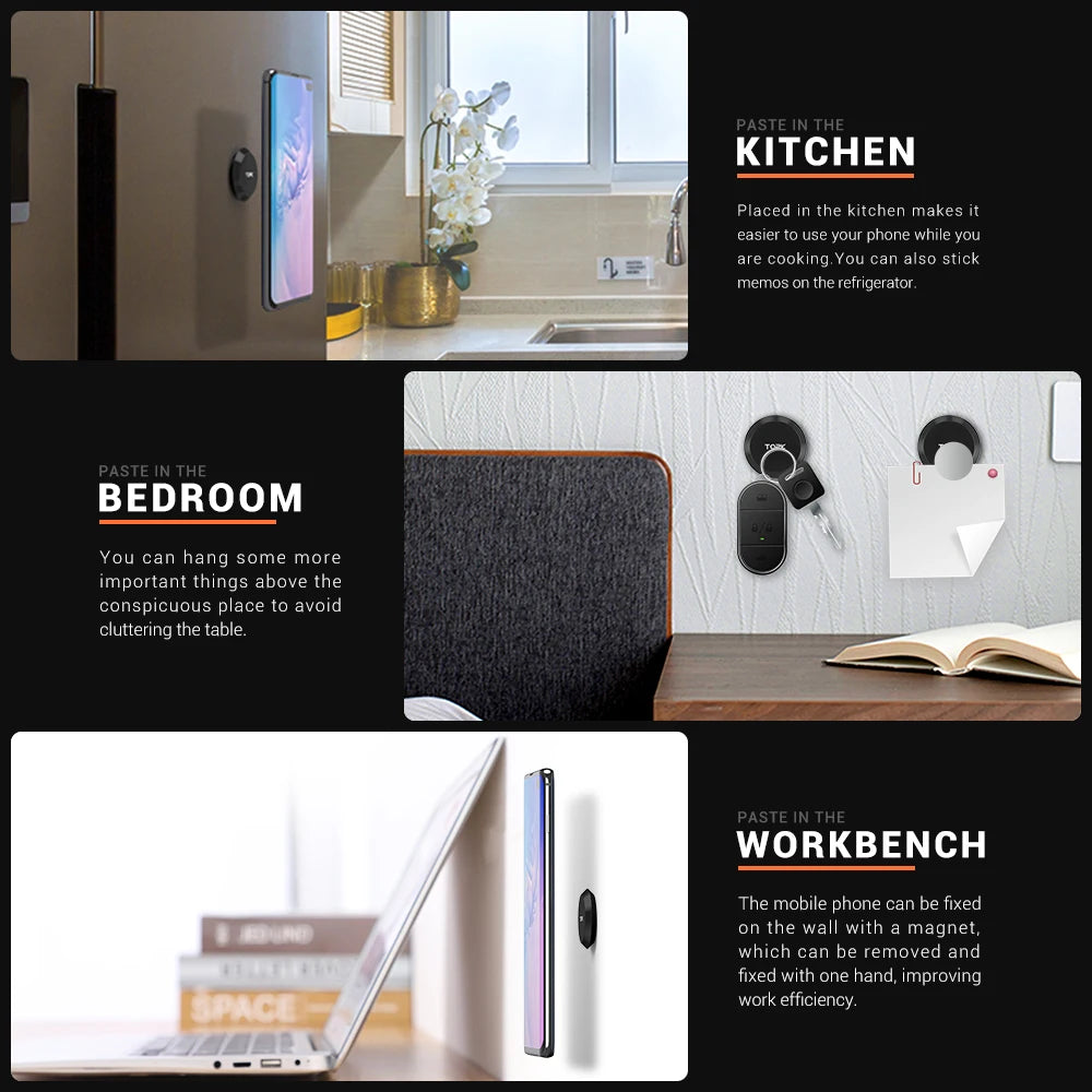Small black magnetic adhesive mounts used to hold smartphones, keys, and memos on walls and surfaces.