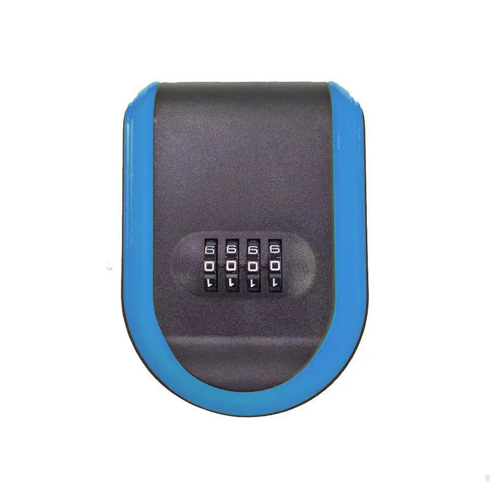 Black and blue metal key lock box with a four-digit combination dial on the front.