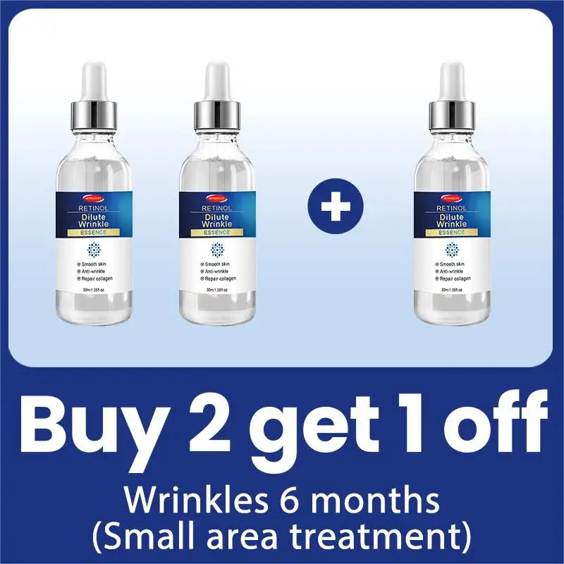 Three bottles of anti-wrinkle retinol essence, clear glass with silver droppers. Buy 2 get 1 off promotional offer.