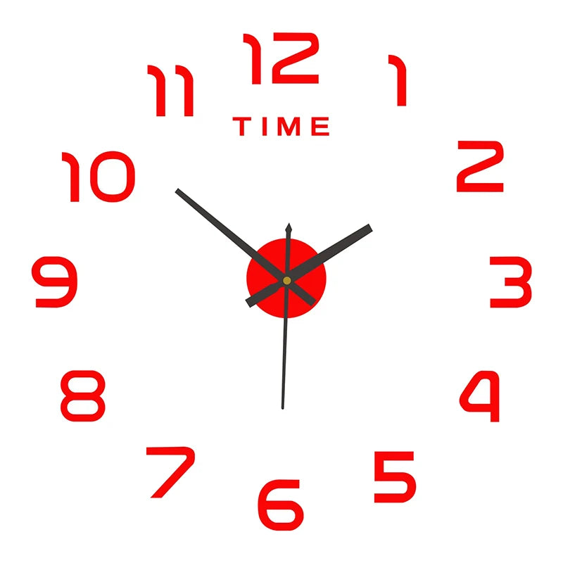 Large red acrylic DIY wall clock with modern numerals and a minimalist central mechanism on a plain white background.