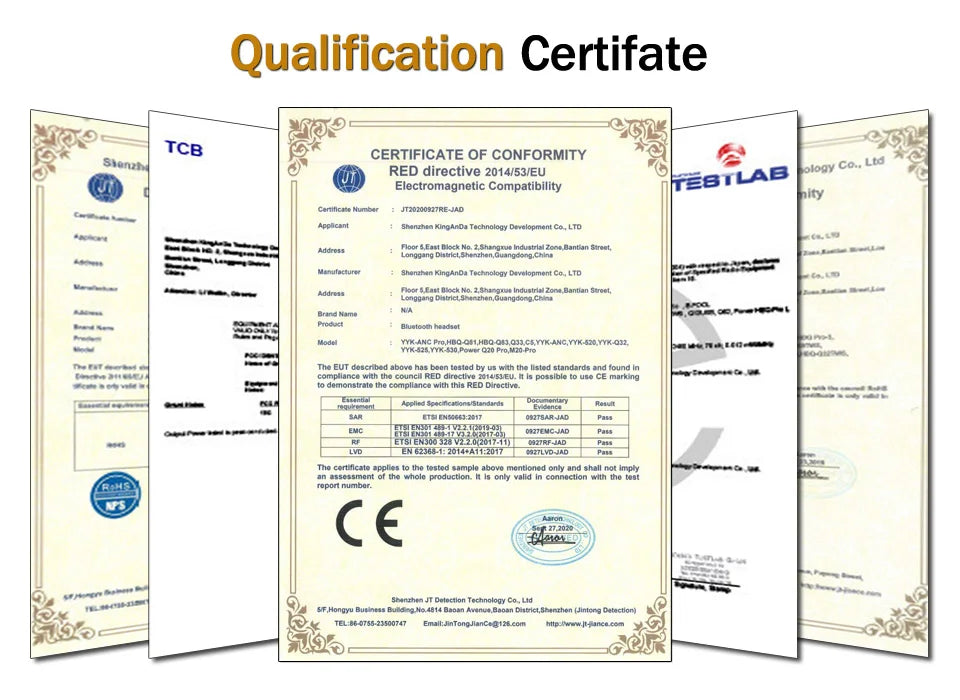 This image shows a collection of technical qualification and compliance certificates for wireless headphones.