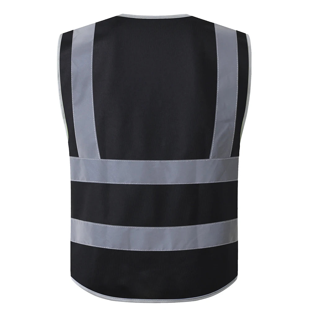 Back view of a black hi-vis safety vest with horizontal and vertical silver reflective strips.