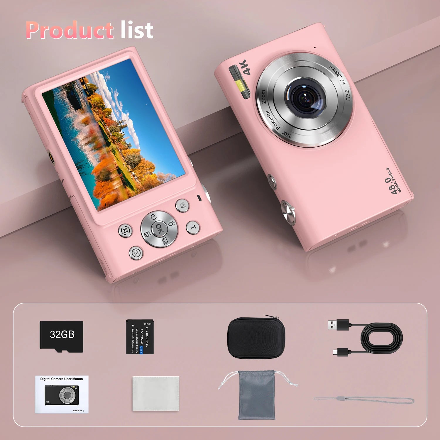Pink 48MP 4K digital camera with LCD screen, lens, buttons, battery, 32GB memory card, and accessories.
