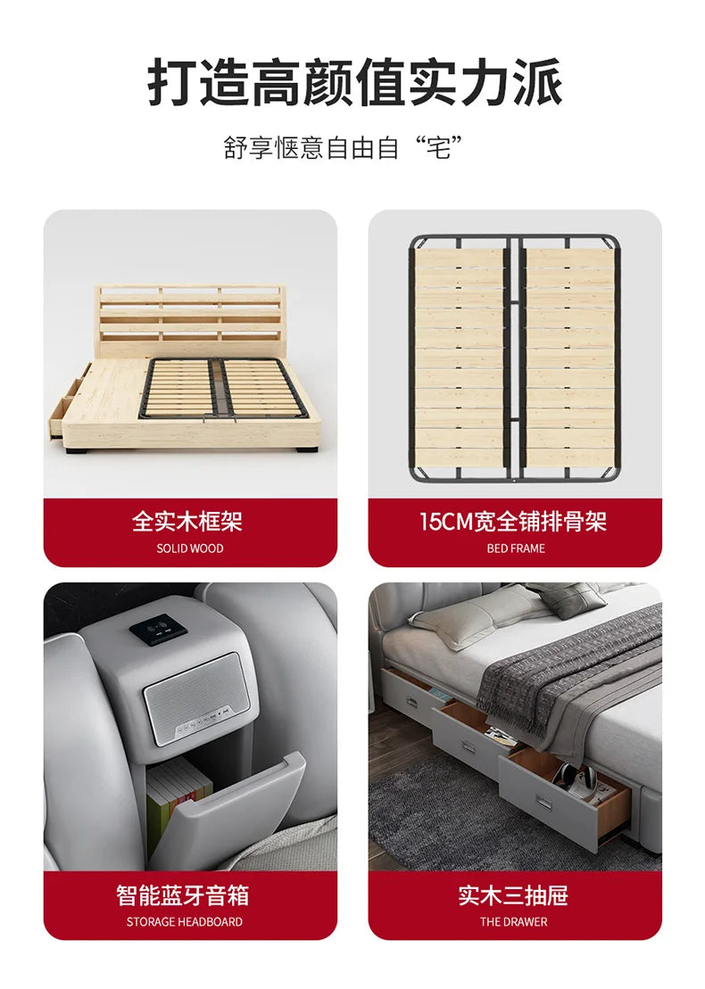 Minimalist king-size upholstered bed frame with integrated Bluetooth speaker, smart storage headboard, and base drawers.