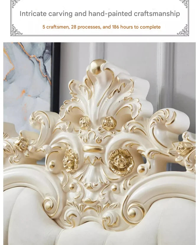 Luxury cream-coloured princess bed headboard featuring intricate gold-painted floral carvings and elegant detail.
