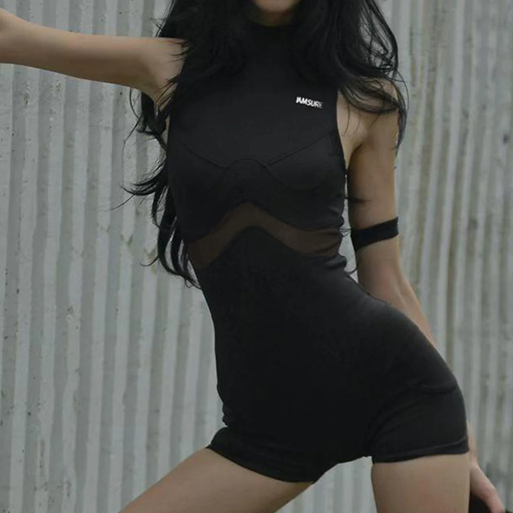 Black sleeveless tight shorts jumpsuit with sheer mesh midriff splicing and a small white chest logo.