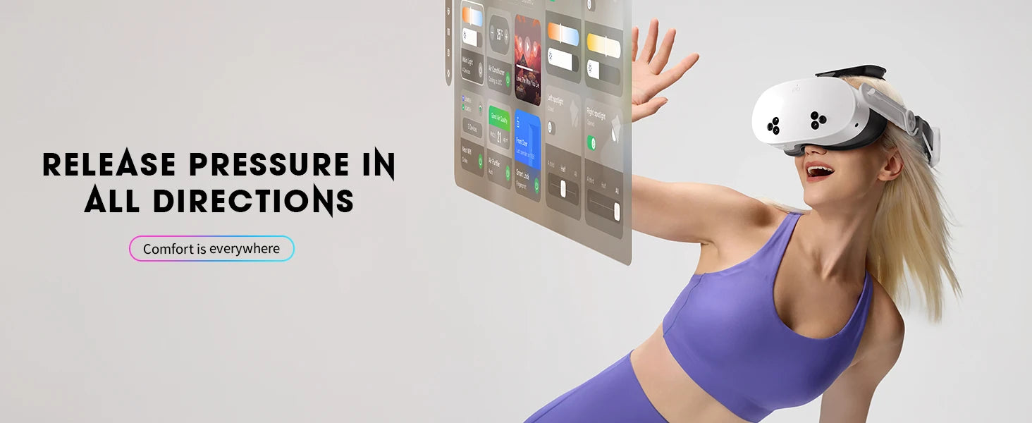 Woman wearing a white, ergonomic VR head strap with an integrated battery, interacting with a virtual digital display.