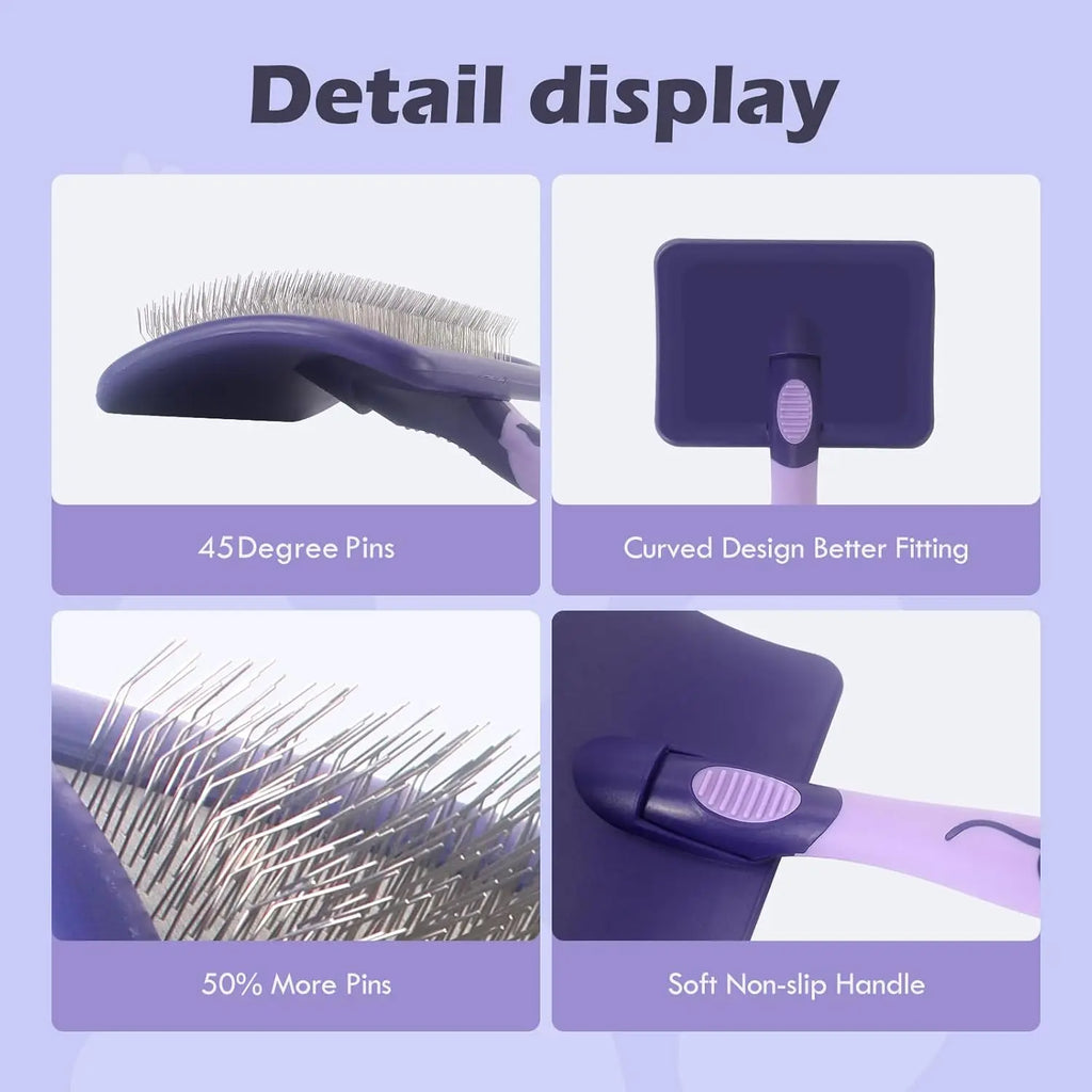 Purple grooming brush features 45-degree metal pins, a curved head for better reach, and a soft, non-slip handle.