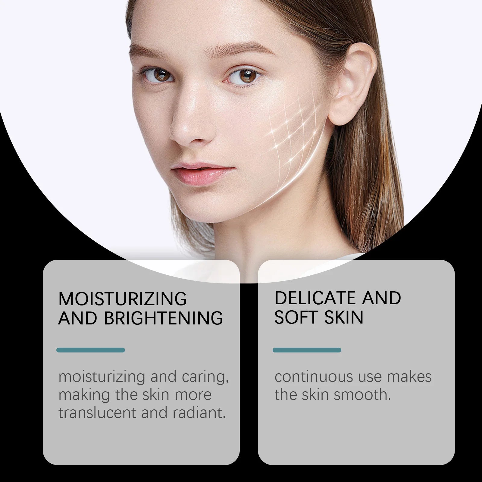Young woman with clear skin showing face-lifting grid lines, text panels highlighting moisturizing and skin-softening.