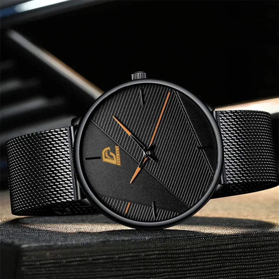 Minimalist men’s ultra-thin quartz watch featuring a sleek black mesh strap and a textured black dial with gold accents.