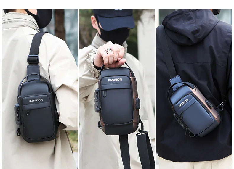 Black and bronze anti-theft crossbody sling bag with a built-in USB charging port and secure zip pocket.