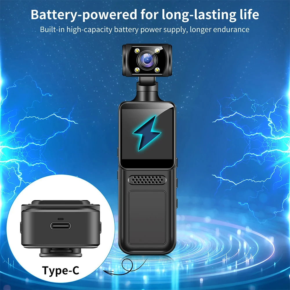 Black handheld camera with a rotating head, front screen, and USB-C charging port on a blue background.