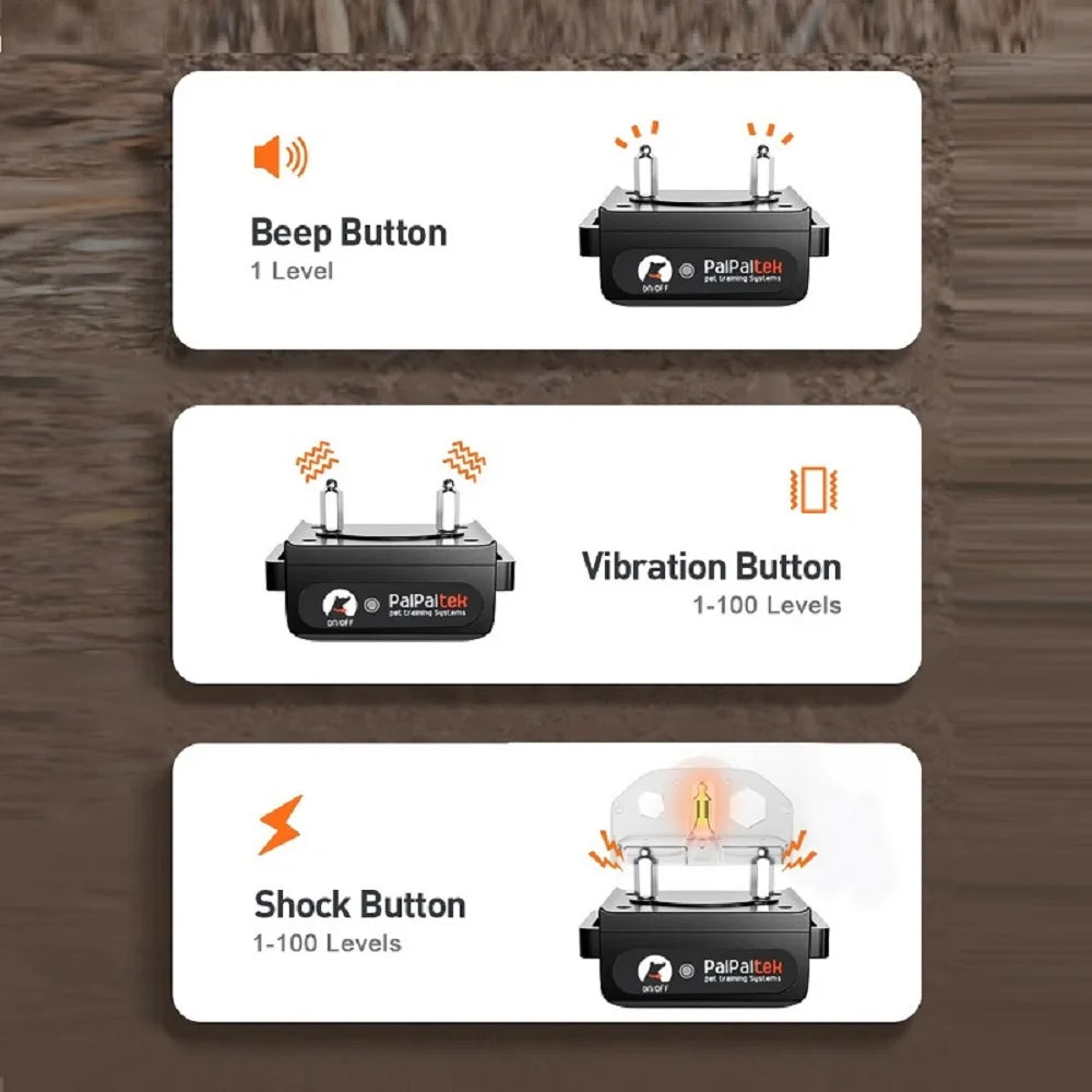 Black dog training collar receiver showing three modes: 1-level beep, 100-level vibration, and 100-level static shock.