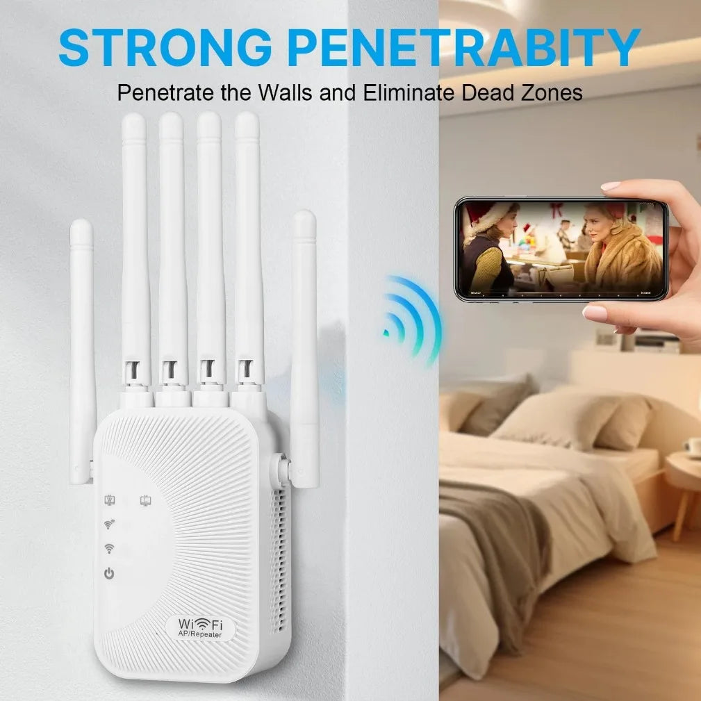 White 1200Mbps WiFi range extender with five adjustable antennas, wall-plug design, and LED indicator lights.