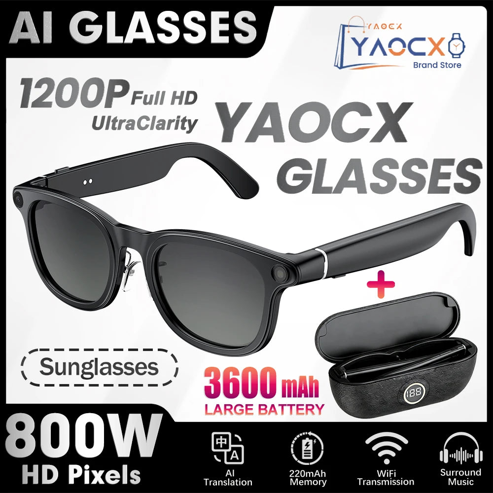 Sleek black smart glasses featuring built-in HD cameras, with a matching protective charging case.