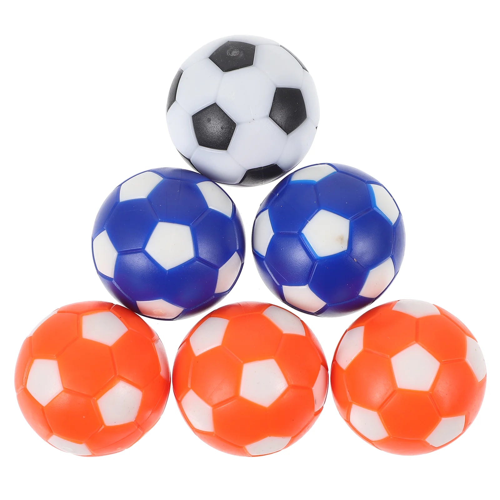 A pyramid of six small football-style sports balls in black and white, blue and white, and orange and white designs.