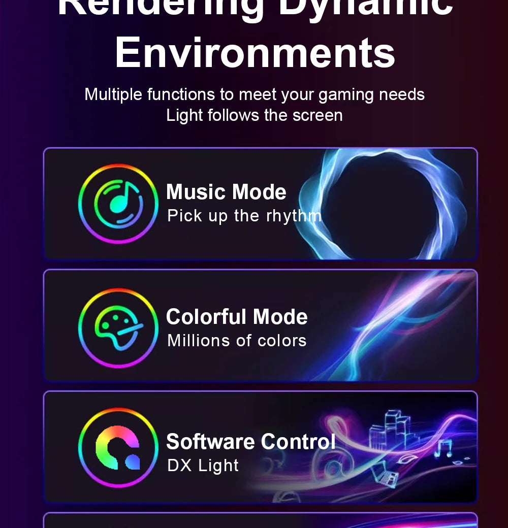 Smart LED backlight strip features music sync, multi-colour gaming modes, and software control for dynamic lighting.