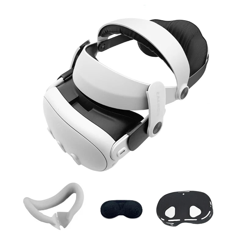 White adjustable halo head strap for VR headset with black cushioned pads and lens cover accessories.